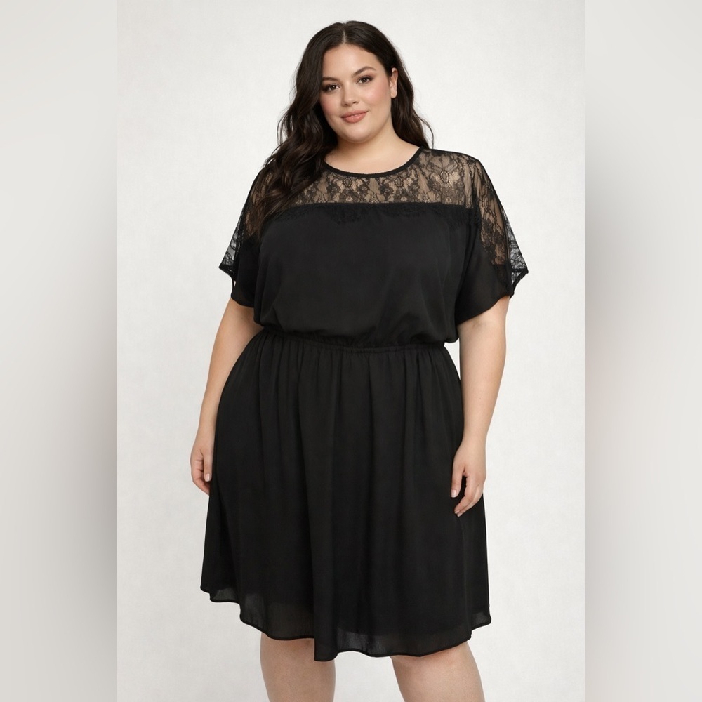 Maitai Black Lace Yoke Chiffon Dress | Elastic Waist | Short Sleeve (1160-6) - Picture 1 of 10